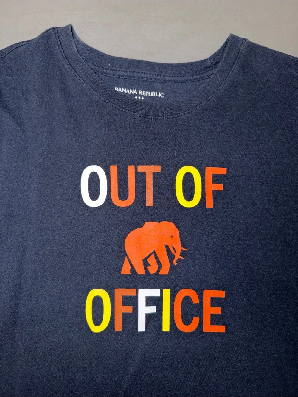 Banana Republic Navy Tee with Orange and Yellow Graphic Elephant